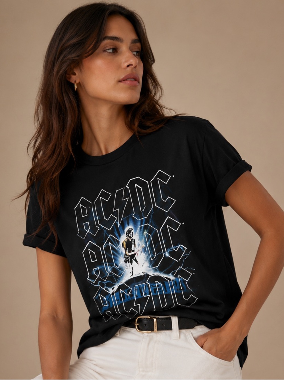 AC/DC Black Graphic Short Sleeve Tee with Blue and White Print